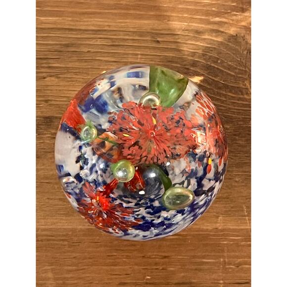 Hand Blown Art Glass Paperweight Red Flower Burst Swirl 2 lb Controlled Bubble - Picture 8 of 8